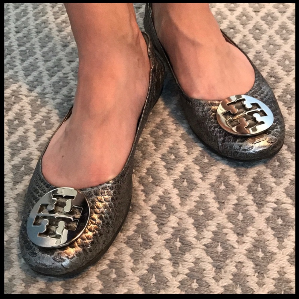 Tory Burch Reva Silver Ballet Flats Reptile Print